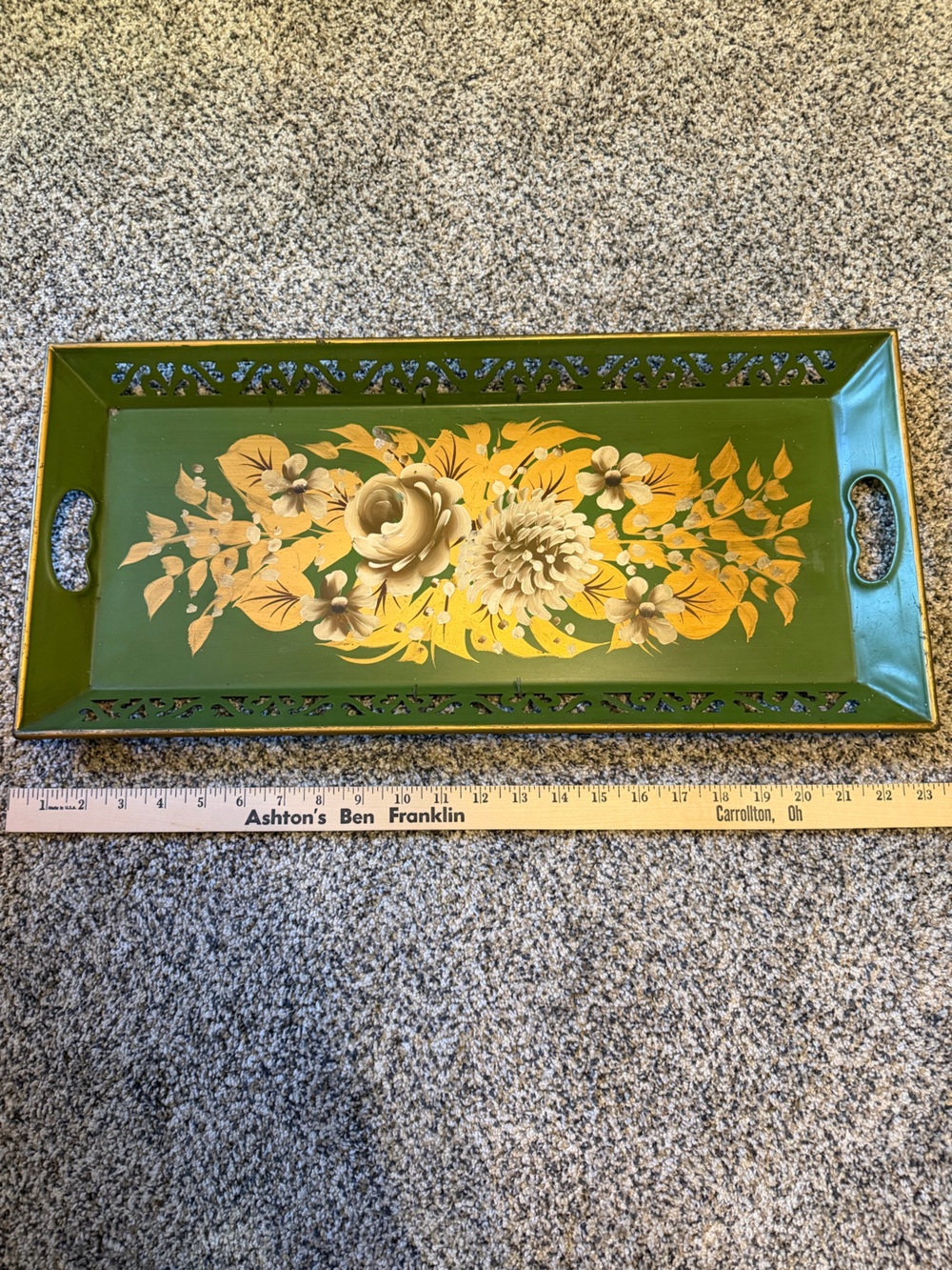 Vintage Tole Hand-Painted Green Floral Wall Tray - Decorative Home Wall Decor